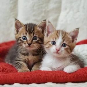 Two kittens lying on a red towel.
